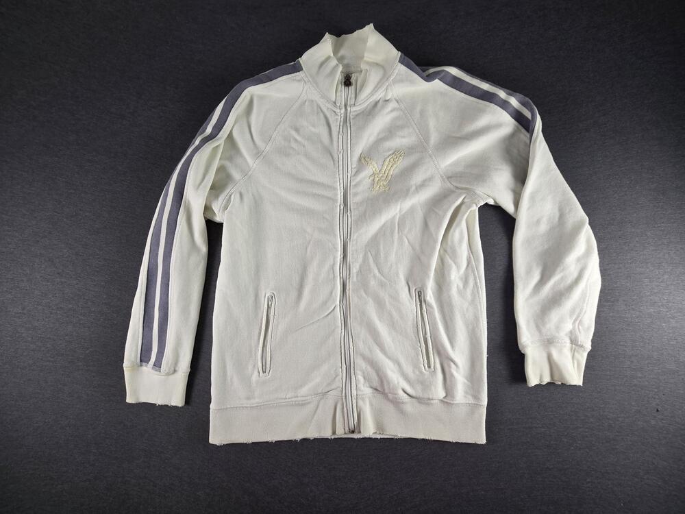 American Eagle Jacket Mens XL White Cotton Fleece Track Striped Full Zip Pockets